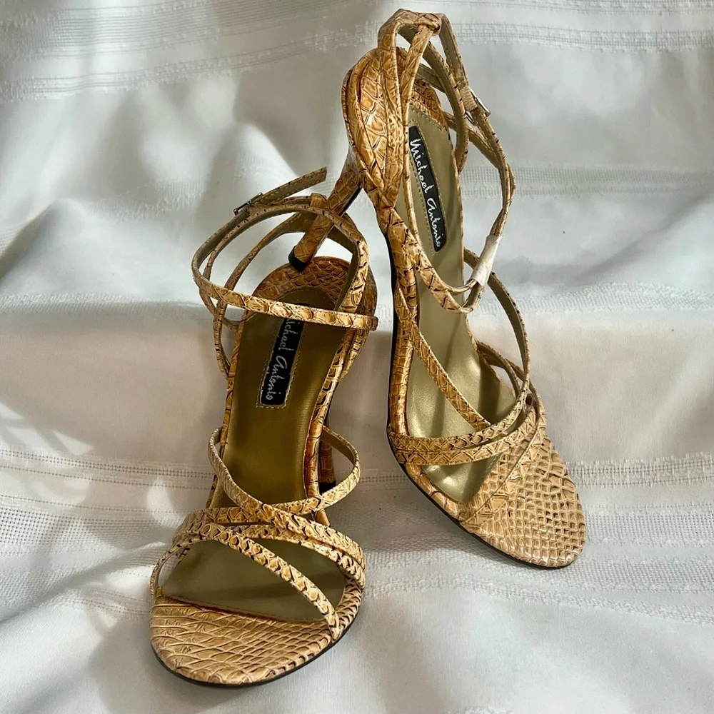 Michael Antonio Strappy Stilettos Snakeskin‎ Reptile Heeled Sandals Sz 7 NIB